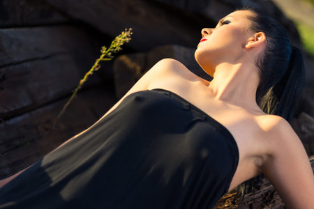 Beautiful sexy brunette girl in tight dress at sunsetの写真素材