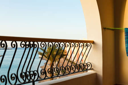Tropical beach in Egypt seen from the balcony of hotel roomの写真素材