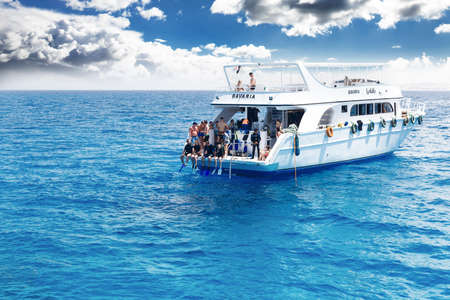 HURGHADA, EGYPT - MAY 19, 2015: Yacht with scuba divers in the Red sea.のeditorial素材