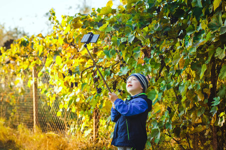 smart happy little boy taking selfie stick pictureの写真素材