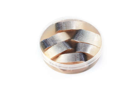 Salted herrings in a plastic pot isolated on the white backgroundの写真素材