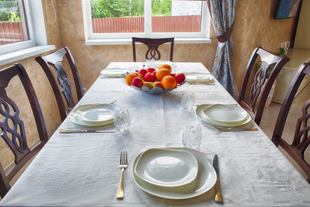 View of the served for famyily dinner tableの写真素材