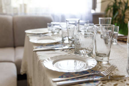 View of the served for famyily dinner tableの写真素材