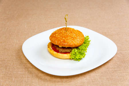Big and tasty hamburger on white plateの写真素材
