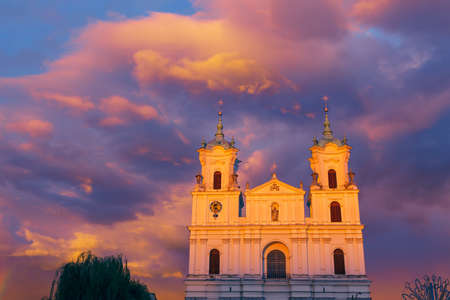 GRODNO, BELARUS - AUG 15: St. Francis Xavier Cathedral after rain in sunset light on 15 August, 2016 in Grodno, Belarus.のeditorial素材