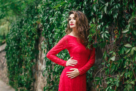 beautiful young woman in long red dress on the background of a wall with ivyの写真素材