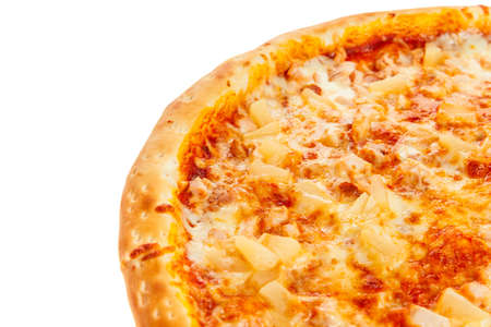 Part of delicious classic Hawaiian Pizza with chicken, pineapple, oregano and cheese isolated on white backgroundの写真素材