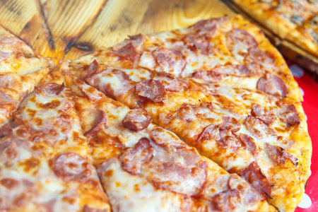 Delicious classic italian Pizza sell in street pizzeriaの写真素材