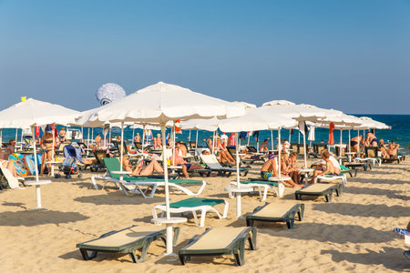 Beach with tourists in summer in Nessebar, Bulgariaのeditorial素材