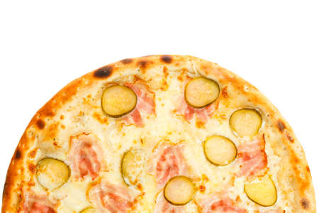 Part of delicious classic italian pizza with ham, cucumbers and cheese isolated on white backgroundの写真素材