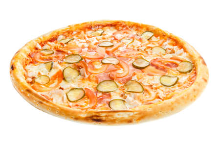 Delicious classic italian pizza with chicken, tomatoes, cucumbers and cheese isolated on white backgroundの写真素材