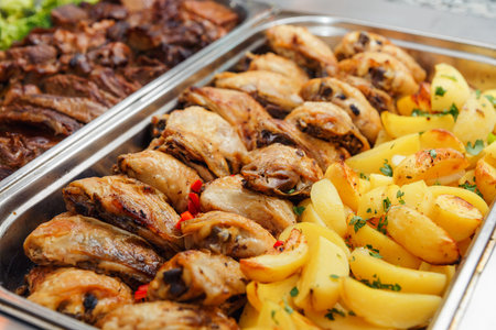 Heated cages with meat dishes for self-service in the restaurantの写真素材
