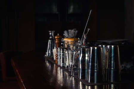 Bartender tools on bar at the night clubの写真素材