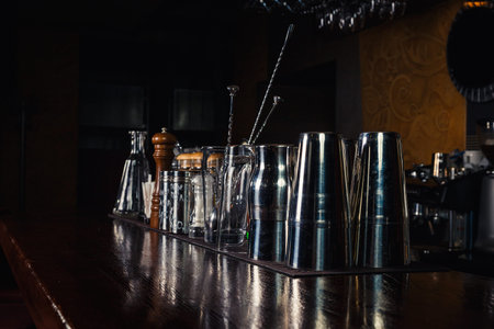 Bartender tools on bar at the night club