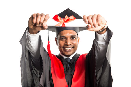Male african american graduate in gown and cap isolated over white backgroundの写真素材