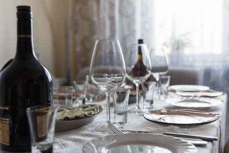 View of the served for family dinner tableの写真素材