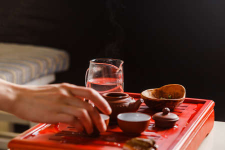 The process of brewing tea at the tea ceremony. Focus on chahe.の写真素材