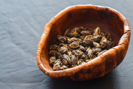 Chahe with green tea on black tableの写真素材