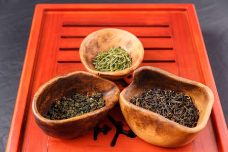 Set of three kinds of tea in chahe on the tea desk are ready for the Tea ceremonyの写真素材