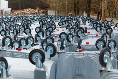 Warehouse storage new garbage containers under the open skyの写真素材