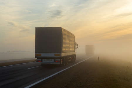 Freeway and a car in fog at early morningの写真素材