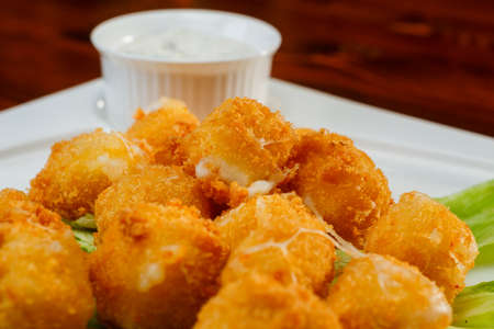 Fried mozzarella cheese stick balls on white square plateの写真素材