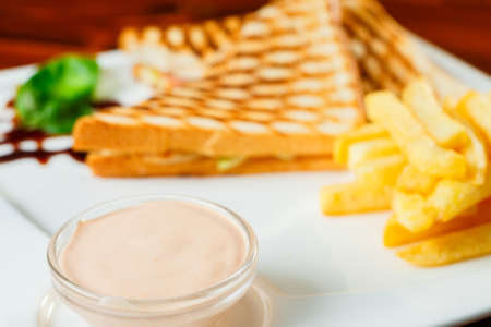 Sandwiches with tuna and salad served with fries and garlic sauceの写真素材