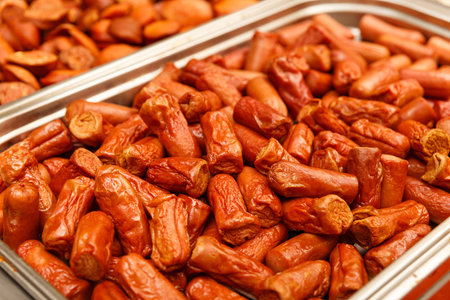 Food warmers on catering event offer sausage and grilled baconの写真素材