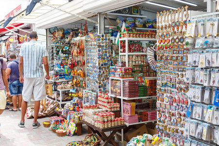 Nessebar, Bulgaria - August 29, 2016: Tourists shopping in the gift shop on the waterfrontのeditorial素材