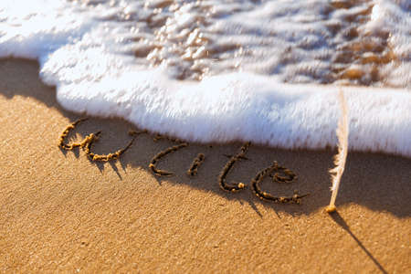 The inscription on the sand. Write concept. Write while you can. Life is so short.の写真素材