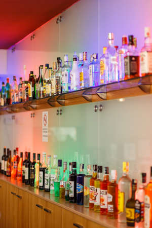 Nessebar, Bulgaria - September 01, 2016: Different alcohol bottles on a bar at the hotel Marvelのeditorial素材