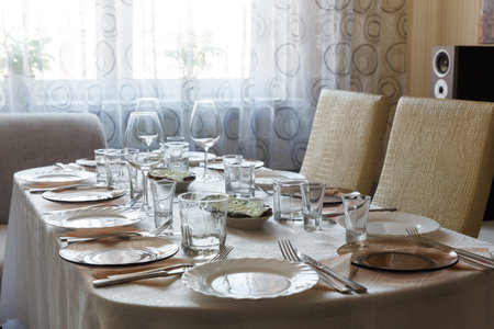 View of the served for family dinner tableの写真素材