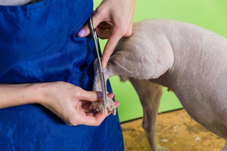 Hairdresser mows fur on the paws of Fox Terrier with a scissorsの写真素材