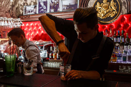 Grodno, Belarus - May 06, 2017: The bartender working in the London barのeditorial素材