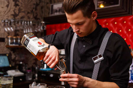 Grodno, Belarus - May 06, 2017: The bartender working in the London barのeditorial素材