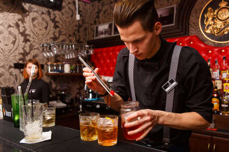 Grodno, Belarus - May 06, 2017: The bartender working in the London barのeditorial素材
