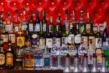 Grodno, Belarus - May 06, 2017: Alcohol bottles on a bar in the London barのeditorial素材