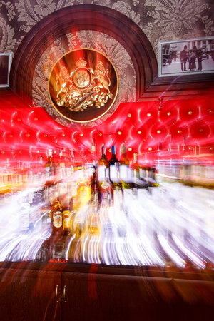 Grodno, Belarus - May 06, 2017: Blurred alcohol bottles on a bar in the London barのeditorial素材