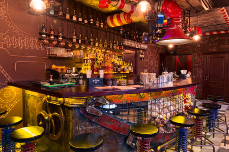 Grodno, Belarus - October 15, 2017: Creative retro interior at the bar Faraday in Grodno, Belarus, November 7, 2015のeditorial素材