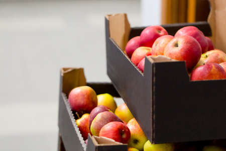 Ripe red apples in cardboard boxes. Apples are very useful because they contain lots of vitamins.の写真素材