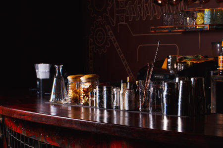 Bartender tools on bar at the night clubの写真素材