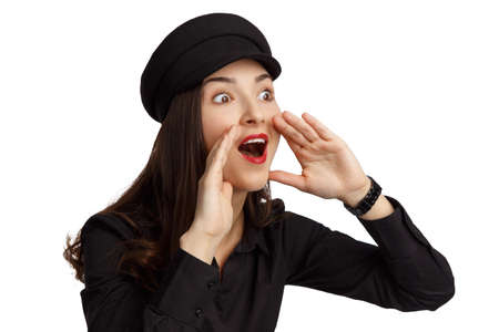 Beautiful woman shouting and screaming. Isolated on white background.の写真素材