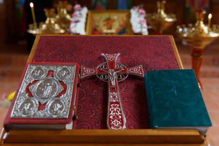 Cross, gospel and bible prepared for wedding ceremonyの写真素材