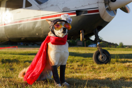 Funny photo of the Shiba Inu dog in a pilot suit at the airport