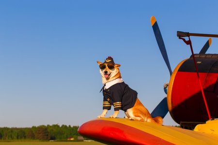 Funny photo of the Akita inu dog in a pilot suit at the airport