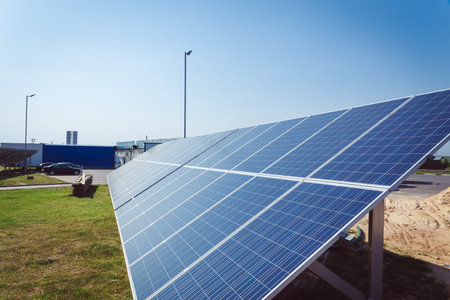 Background of Blue Solar Panels with reflection of sun