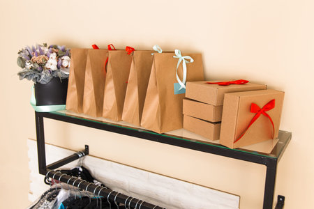 Shelf with gift packaging in the sewing Studio