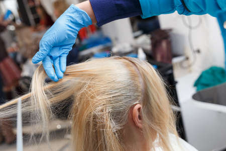 Hairdresser salon. Hair colouring in process. Woman dyeing hairs.の写真素材