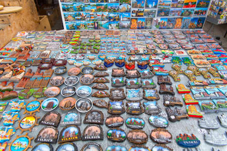 Collection of Lithuania fridge magnets outside a kiosk in Trakaiの写真素材