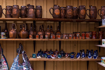 Trakai, Lithuania - Mart 17, 2019: Clay and china mugs for sale as souvenir on a street market near by Trakai Island Castleのeditorial素材
